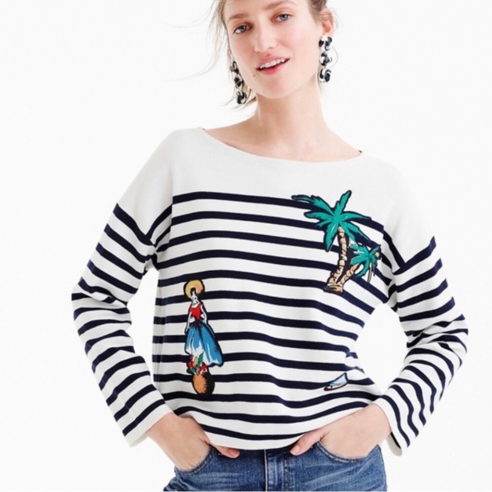 J Crew Cabana Patch Stripe Sweater White & Navy L